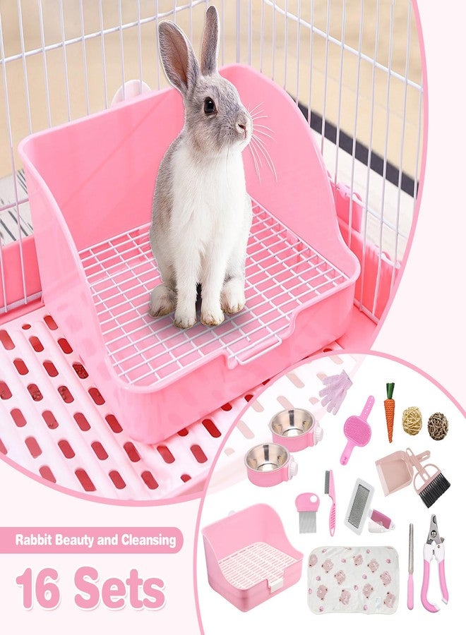 PRRPRR 16 Pcs Bunny Grooming Kit,Rabbit Litter Box, Bunny Toys,Blankets with Cleaning Supplies,Pet Toilet Potty with Detachable Hanging Pet Cage Bowl Suitable for Rabbit,Guinea Pig(Pink) (Pink (16PCS)) - Image 4